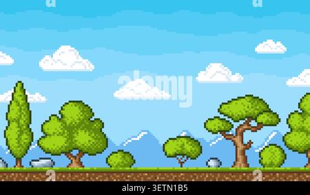 Pixel game nature background. 8-bit computer arcade play location with tree, clouds, mountains. Trendy pixelated backdrop, retro style tidy vector Stock Vector