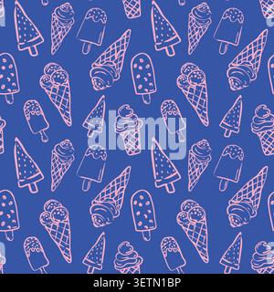 Doodle ice cream seamless pattern on blue background. Vector sketch line art dessert pattern in hand drawn style for summer packaging, textile and Stock Vector