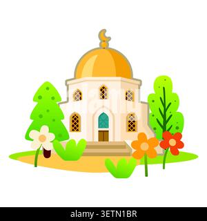 Islamic mosque with golden dome and crescent. Vector illustration. Religious architecture isolated on white background. Stock Vector
