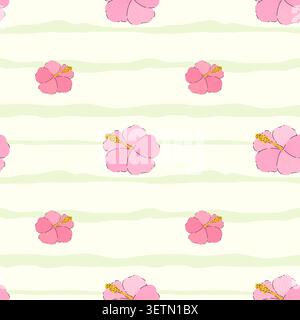 Hibiscus flower vector seamless pattern. Tropical floral pattern on light green horizontal striped background. Trendy flat summer beach design for Stock Vector