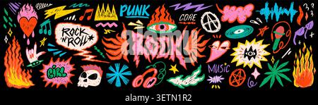 Rock punk doodle sticker set with music symbols, fire, headphones and scribble elements in colorful funky crayon style on black background. Punk rock Stock Vector