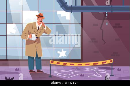 Detective crime scene. Investigator police inspector investigating murder criminal place sleuth looking evidence officer find criminal cartoon background classy vector illustration original artwork Stock Vector