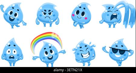 Water drop characters. Drop cartoon character, cute liquid mascot face emoji smile funny droplet sad happy expression aqua rain raindrop emoticon qualitative vector illustration original artwork Stock Vector