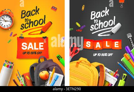 Back school realistic flyer. Study sale poster, kids student education brochure promotion discount offer stationery supplies advertising 3d design set garish vector illustration original artwork Stock Vector