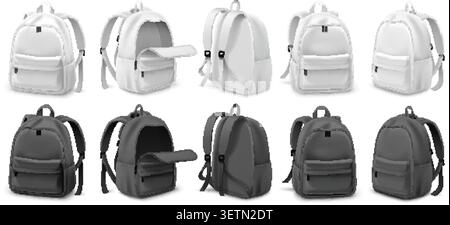 School backpack mockup. Realistic rucksack with strap handle pocket back front side view template, white black schoolbag student bag satchel 3d isolated garish vector illustration original artwork Stock Vector