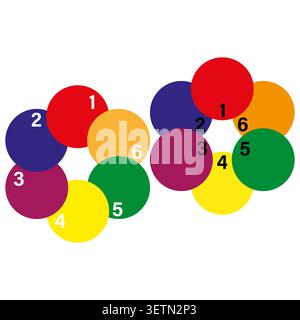 A vibrant Vector infographic design displaying two sets of colorful overlapping circles numbered 1 2 3 4 5 6 for sequential process steps. EPS 10. Stock Vector