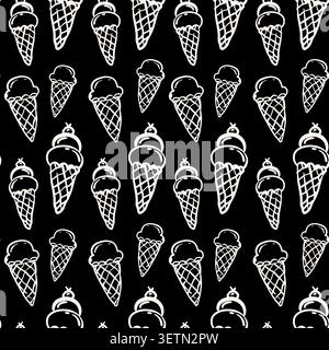 Ice cream seamless doodle pattern vector. White outline dessert illustrations on black background for textile, fabric, packaging and wallpaper design. Stock Vector