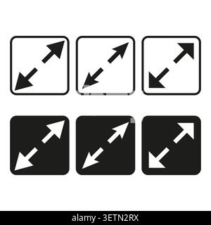 A functional Vector collection of expand full screen interface buttons displaying diagonal arrows within square designs for digital use. EPS 10. Stock Vector