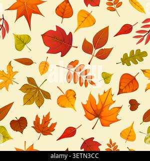 Autumn leaves seamless pattern, fall season foliage background. Autumn fall vector seamless print, fabric seasonal pattern with marple, acacia, birch and chestnut tree yellow and orange fallen leaves Stock Vector