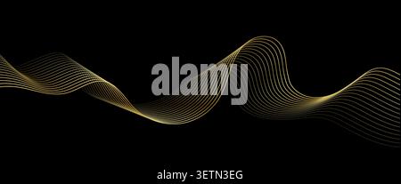 Golden line wave flow on black background. Luxury elegant wavy ribbon background features thin golden lines for product packaging, fashion event backdrops or cosmetic website banners Stock Vector