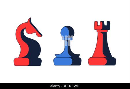 Knight pawn and rook chess pieces 2D cartoon objects set Stock Vector