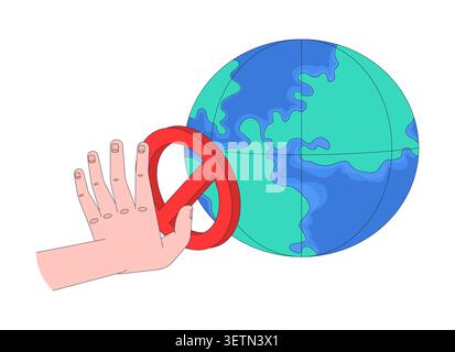 Hand pressing prohibition sign against globe 2D illustration concept Stock Vector