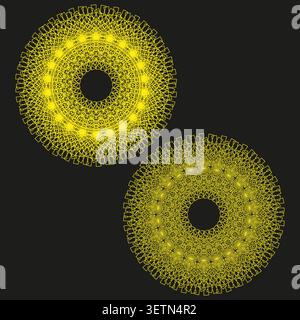 Geometric circular forms pack features yellow vector wireframe mandala shapes. Vibrant collection visualizes ring. eps 10 Stock Vector