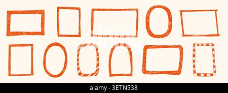 Crayon crayon wavy scribble texture doodle curly borders collection. Wiggle, scalloped curly wedding decor. Elegant classic frames set decorations with zigzag and whimsy edges. Vector illustration Stock Vector