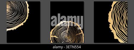 Tree ring wood trunk cut line texture pattern doodle annual luxury banner with elegant golden timber rings and abstract organic waves in modern Stock Vector