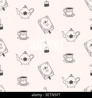 Retro tea vector seamless pattern with teapot, cup Stock Vector