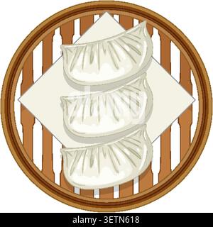 Three Asian dumplings arranged in bamboo steamer, clean vector style, overhead perspective Stock Vector