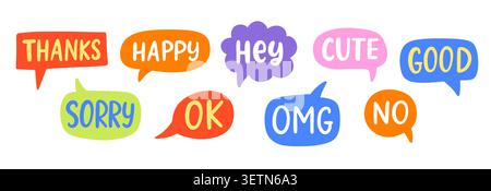 Colorful speech bubble sticker set with messages Stock Vector