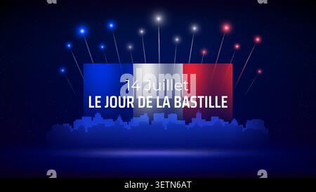 Banner 14 july bastille day in france. The french flag and cityscape against a dark night sky. Fireworks france flag. French national holiday. Vector. Stock Vector