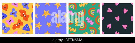 Funky Seamless Patterns with doodle elements. Stock Vector