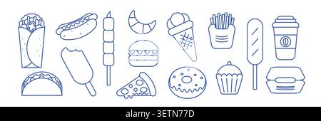 Large collection of hand drawn fast food doodles including burger pizza hot dog and ice cream icons Stock Vector
