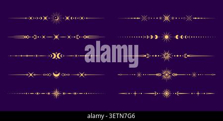 Celestial dividers and separators or border frames with mystic esoteric magic symbols. Golden dividers and border arrows with astrology celestial signs of sun, moon and stars for esoteric frames Stock Vector