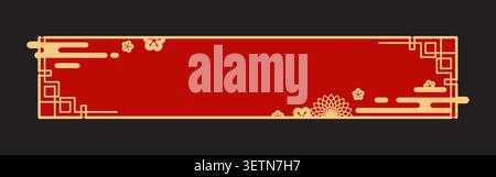 Oriental Japanese and Asian frame or divider. Asian aesthetic festive border, oriental motif red vector frame. Japanese eastern decorative banner with golden clouds, geometric sakura flower ornaments Stock Vector