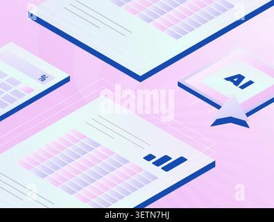 AI reporting with automated business reports, data analysis and performance tracking. Business intelligence, reporting automation and analytics dashboard vector illustration. Stock Vector