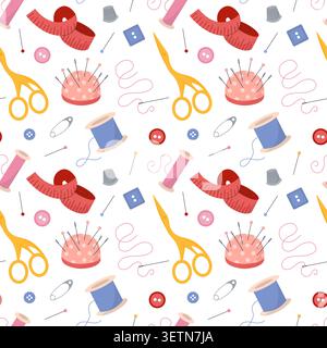 Pattern with Sewing Tools, Scissors and Pincushion Stock Vector
