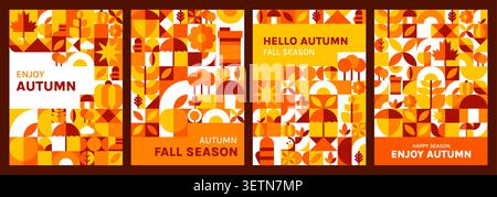 Hello autumn fall posters with seasonal geometric pattern of maple leaves and oak acorns. Autumn season and fall quotes with geometric mosaic pattern backgrounds with pumpkin and wheat or mushrooms Stock Vector