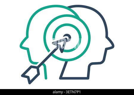 Goal line icon. showing two overlapping human head facing opposite directions with a target and arrow in the center Stock Vector