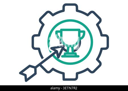 Goal setting line icon. featuring a green achievement trophy inside a gear, with a arrow pointing toward the center. Stock Vector