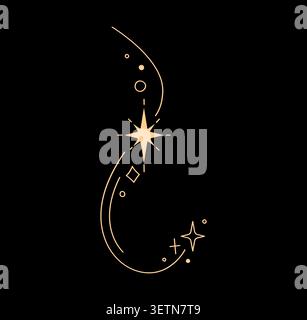 Golden falling star symbol with glowing starburst. Outline celestial emblem with dot clusters, tiny diamond and delicate sparkles for luxury perfume packaging design and wedding invitations Stock Vector