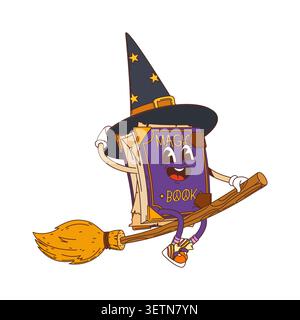 Cartoon groovy magic book Halloween character. Vector hippie retro y2k smiling wizard book personage in a witch hat with stars flying on broom. Funky fantasy 60s and 70s nostalgic fairytale grimoire Stock Vector