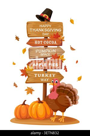 Happy thanksgiving wooden signboard with turkey bird, black hat, maple autumn leaves and orange pumpkins. Funny brown signpost or placard with text for farm festival. Cute season outdoor notice Stock Vector