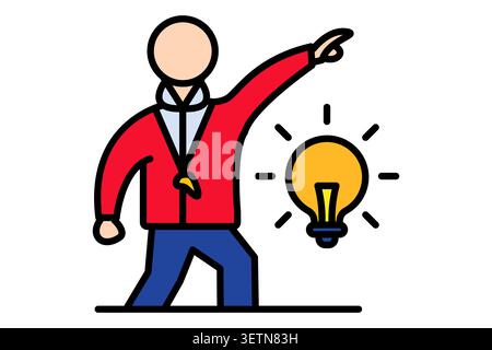 Coaching icon. colored outline style. of a coach wearing a whistle and pointing forward next to a glowing light bulb Stock Vector
