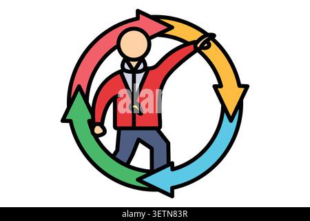 Continuous learning icon. colored outline style. of a coach pointing forward, enclosed within two circular, rotating refresh arrows Stock Vector