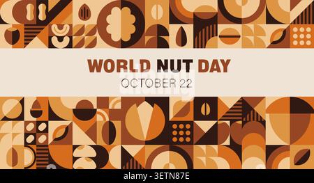 World Nut Day banner, modern geometric pattern with abstract shapes and warm brown tones, celebrating nuts harvest on October 22 with walnut, almond and cashew seed motifs arranged in mosaic grid Stock Vector