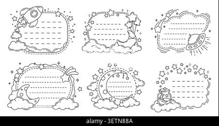 Kids memo notes frames with spaceships, stars and galaxy planets. Vector line space memo notes and paper stickers templates. Cute kids moon and stars, rocket and UFO outline notebook frames Stock Vector