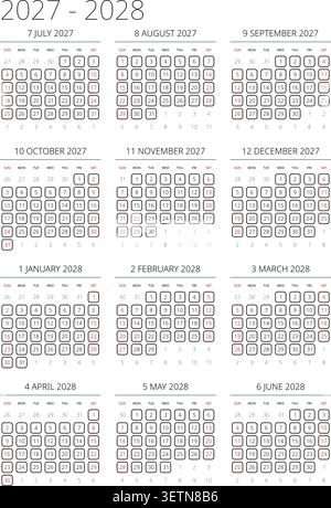 English 2027-2028 Vertical 3x4 Grid Constructivist Retro Calendar Grid Bauhaus Inspired Annual Planner (Compatible with 2055-2056). Stock Vector