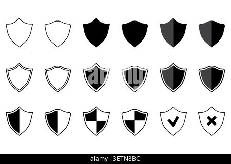 Defense shield protection set features black vector icons. It highlights cyber security and anti virus software concepts. eps 10 Stock Vector