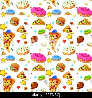 Colorful seamless pattern with pizza characters, burgers, donuts, and stars on a white background. Stock Vector