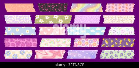 Adhesive color washi tape pieces and masking stickers. Cute girly paper scotch strips with hearts, clouds, rainbows, stars, lightning patterns for scrapbook, journaling, gift wrapping and paper craft Stock Vector