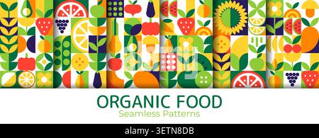 Organic food fruits and vegetables seamless patterns set with geometric ornament background. Organic food mosaic pattern of geometric orange fruit and strawberry or cherry berry, pumpkin and broccoli Stock Vector