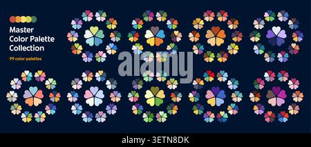 Neutral and pastel, cool and warm hue tone colors harmony palette swatches. Color palette of colours mix scheme with luxury modern bright range organization and colors gradient wheel chart guide Stock Vector