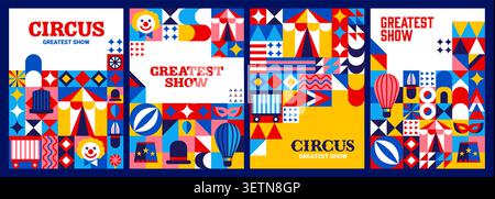 Circus show posters with geometric Bauhaus pattern ornament. Chapiteau performance card, fair show flyer. Big top circus poster with tent, clown, magician hat and animal tamer pedestal Bauhaus shapes Stock Vector