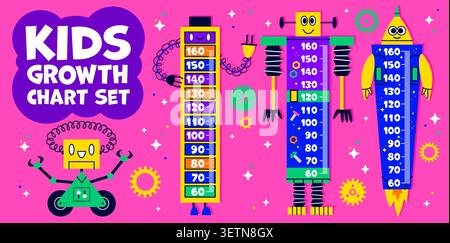 Kids height chart meter ruler with cartoon funny robot droids. Kids growth measuring scale with numbers, gears and smiling bot characters. Wall strip stickers for tracking height in home or classroom Stock Vector