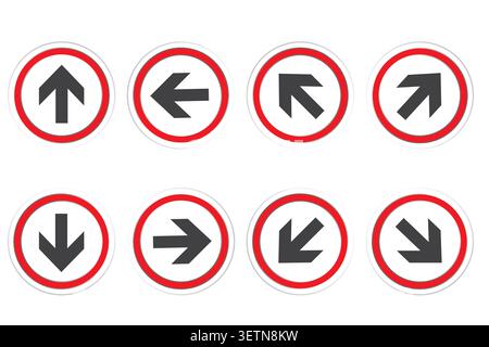 Circle arrow button set features red vector icons. It complements web navigation and interface directional systems. eps 10 Stock Vector