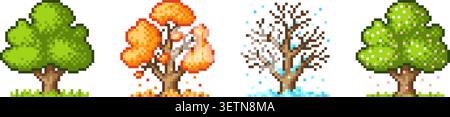 Seasonal tree pixel art. Trees in seasons, summer autumn winter and spring. 8-bit arcade game elements. Plant with green yellow foliage, tidy vector Stock Vector