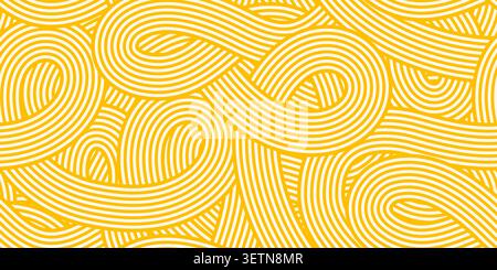 Asian ramen noodles seamless pattern, Italian pasta spaghetti background. Yellow tile texture for textile or wallpaper, featuring wavy macaroni lines. Appetizing food ornament, soba noodle waves motif Stock Vector